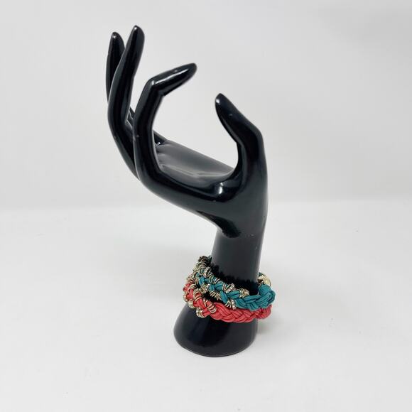 Boutique Set of 2 Braided Embellished Bracelets Teal Red Gold Tone Rhinestones - Picture 4 of 11